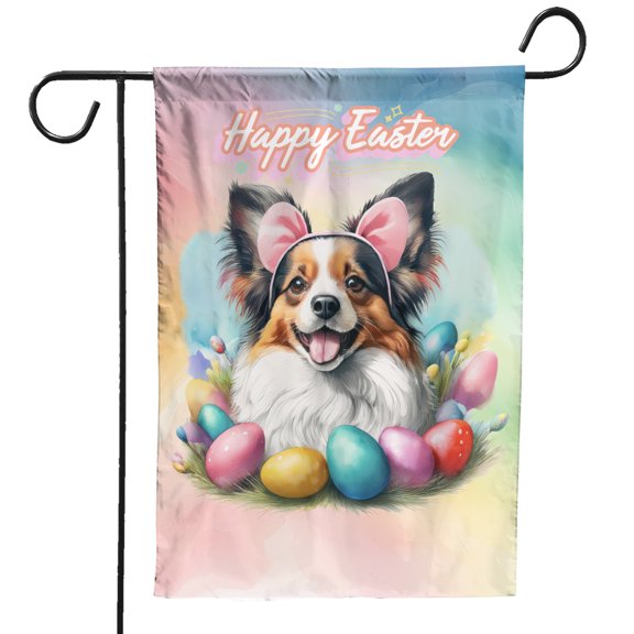 Happy Easter Papillon with Bunny Ear Headband and Flowers Garden Flag 12x18in Double Sided Pap Butterfly Dog Lover Outdoor Decor - 13001