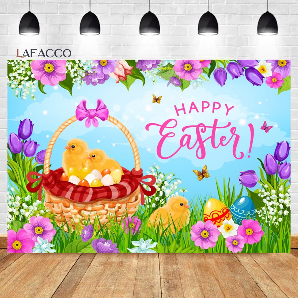 Happy Easter Party Backdrop Spring Garden Green Grass Yard Rabbit ...