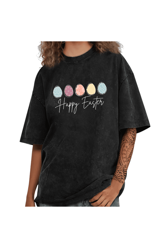 Happy Easter Pastel Eggs Script Graphic Tee T Shirt Tops Suitable Short Sleeve Round Neck Black S-2XL Plus Size