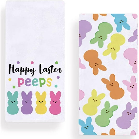 Happy Easter Peeps Kitchen Dish Towel 18 x 26 Inch, Spring Summer Rabbit Tea Towels Dish Cloth for Cooking Baking Set of 2