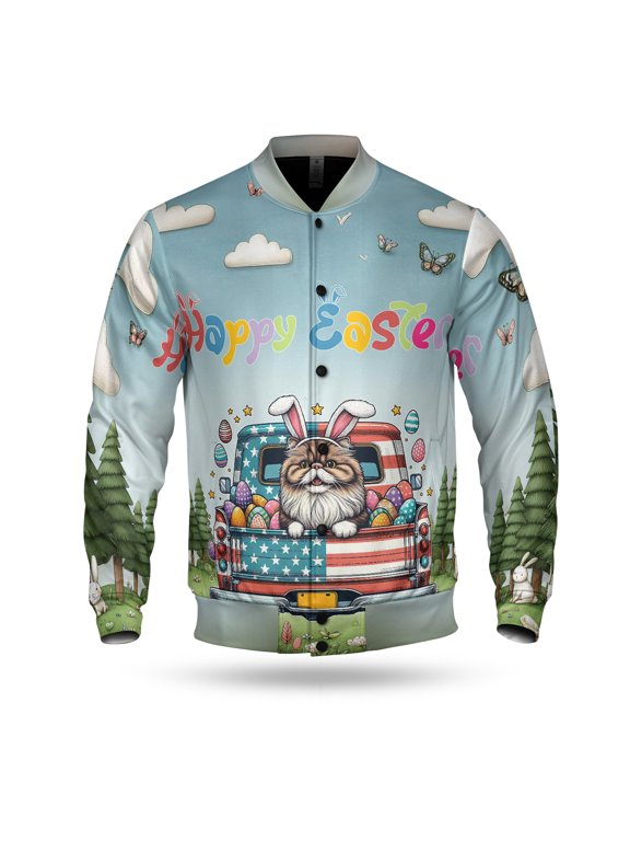 Happy Easter Persian American Flag Truck Bunny Ears All Over Print 3D Baseball Jacket Cat Lover Kitten Owner Gifts Bomber Jacket Softball - 03001