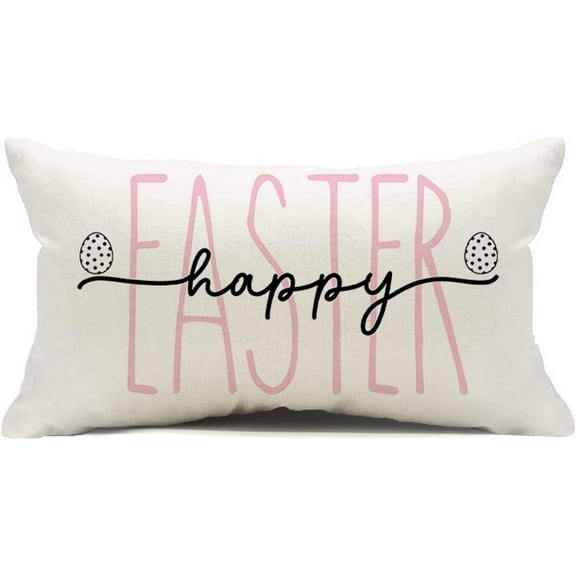 Happy Easter Pillow Cover, 12 x 20 Inch Easter Saying Farmhouse Cushion Case for Sofa Couch Spring Decorations(Beige,12''''x20'''')