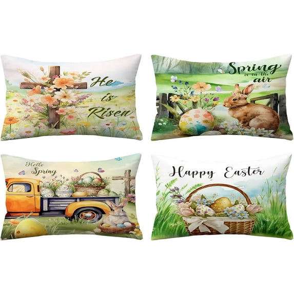 Happy Easter Pillow Covers 12x20 Set of 4 Soft Velvet Spring Throw Pillow Covers Bunny Peeps Floral Eggs Truck Cross Farmhouse Cushion Covers Pillow Cases Home Outdoor Sofa Couch Decoration 12x20