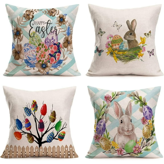 Happy Easter Pillow Covers 16x16 Inch Set of 4 Spring Flower Wreath Rabbit Egg Nest Butterfly Bunny Holiday Home Spring Decorations Throw Pillow Cases Cushion Cover for Sofa Couch