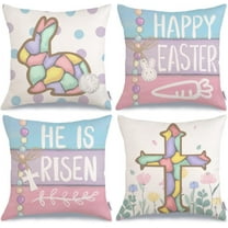 Happy Easter Pillow Covers 16x16 inch Set of 4, Floral Cross He is Risen Rabbit Bunny Carrot Striped Farmhouse Decorative Throw Pillowcases for Home Sofa Couch Decoration G495-16