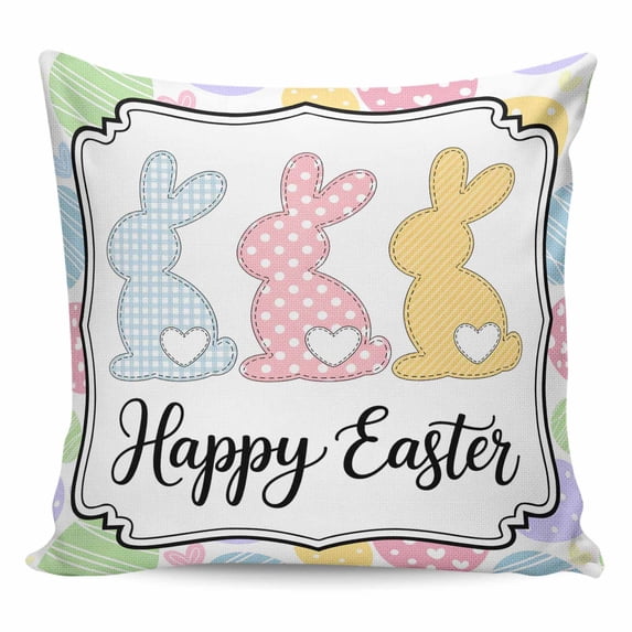 Happy Easter Pillow Covers 18x18 Inch Decorative Throw Pillow Cover, Cute Lovely Colorful Rabbits Silhouette Eggs Sofa Pillowcases Accent Cushion Case Home Decor Bedroom Living Room