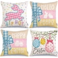thumbnail image 1 of Happy Easter Pillow Covers 18x18 Inch Set of 4, Rabbits Bunny Hello Peeps Eggs Polka Dots Striped Yellow Pink Farmhouse Decorative Throw Pillowcases for Home Sofa Couch Decoration G480-18, 1 of 5