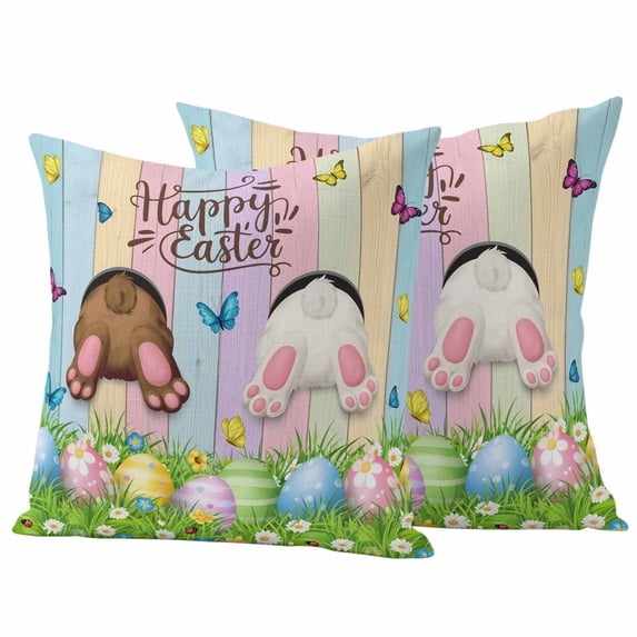 Happy Easter Pillow Covers 2 Pack Brown White Bunny Tails Easter Eggs Butterfly Wood Grain Pillowcase Waterproof Outdoor Throw Pillow Cover for Patio Garden Square Cushion 24”x24”