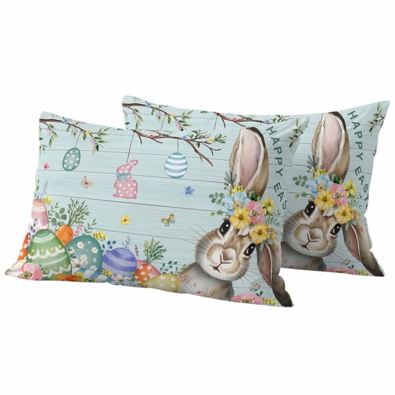 Happy Easter Pillow Covers 2 Pack Bunny Floral Egg Trees Teal Green Wood Grain Pillowcase Waterproof Outdoor Throw Pillow Cover for Patio Balcony Rectangular Cushion 20”x12”