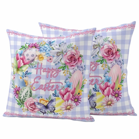 Happy Easter Pillow Covers 2 Pack Eggs Flower Wreath Butterfly Pink Leaf Purple Plaid Pillowcase Waterproof Outdoor Throw Pillow Cover for Patio Garden Square Cushion 18”x18”