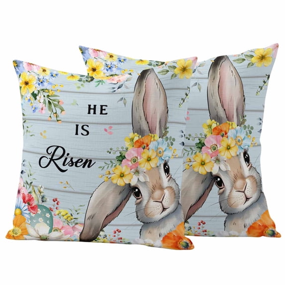 Happy Easter Pillow Covers 2 Pack Spring Bunny He Is Risen Flower Leaf Blue Wood Grain Pillowcase Waterproof Outdoor Throw Pillow Cover for Patio Garden Square Cushion 20”x20”