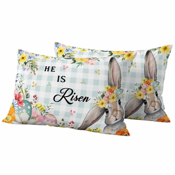 Happy Easter Pillow Covers 2 Pack Spring Bunny He Is Risen Yellow Flower Floral Green Plaid Pillowcase Waterproof Outdoor Throw Pillow Cover for Patio Balcony Rectangular Cushion 20”x12”