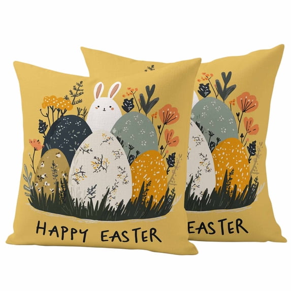Happy Easter Pillow Covers 2 Pack Spring Eggs Flowers White Rabbit Yellow Background Pillowcase Waterproof Outdoor Throw Pillow Cover for Patio Garden Square Cushion 18”x18”