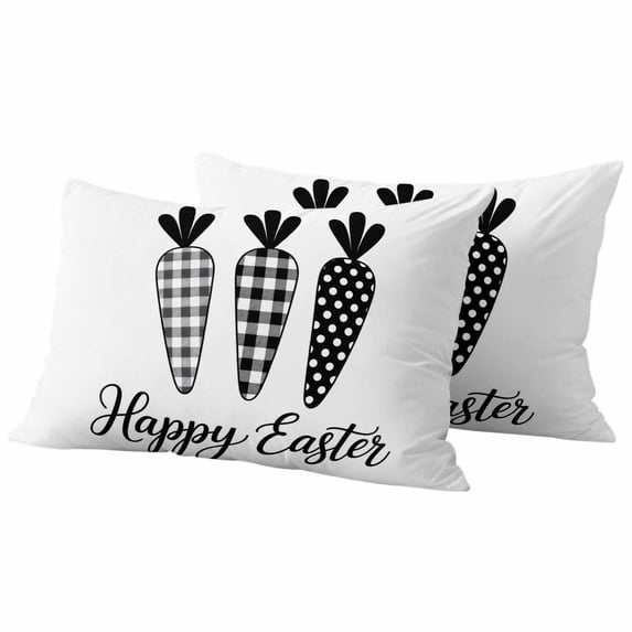 Happy Easter Pillow Covers 2 Pack Spring Vintage Black White Plaid Dots Carrots Pillowcase Waterproof Outdoor Throw Pillow Cover for Patio Balcony Rectangular Cushion 20”x12”