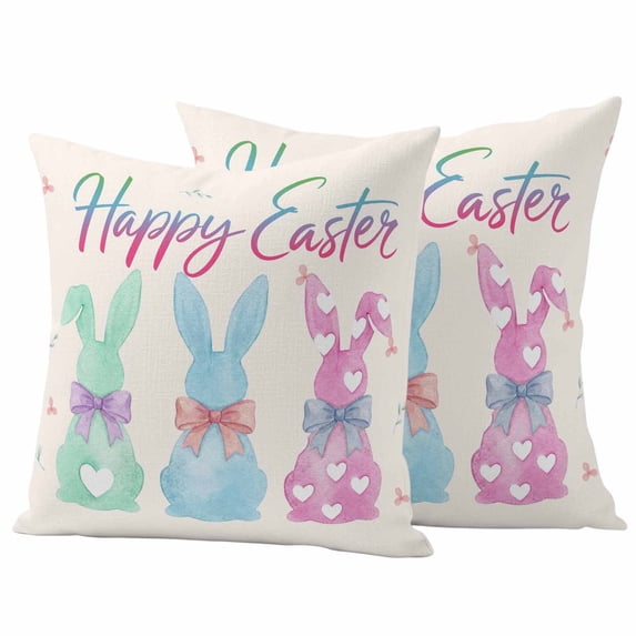 Happy Easter Pillow Covers 2 Pack Watercolor Green Blue Pink Rabbits Linen Texture Pillowcase Waterproof Outdoor Throw Pillow Cover for Patio Garden Square Cushion 18”x18”