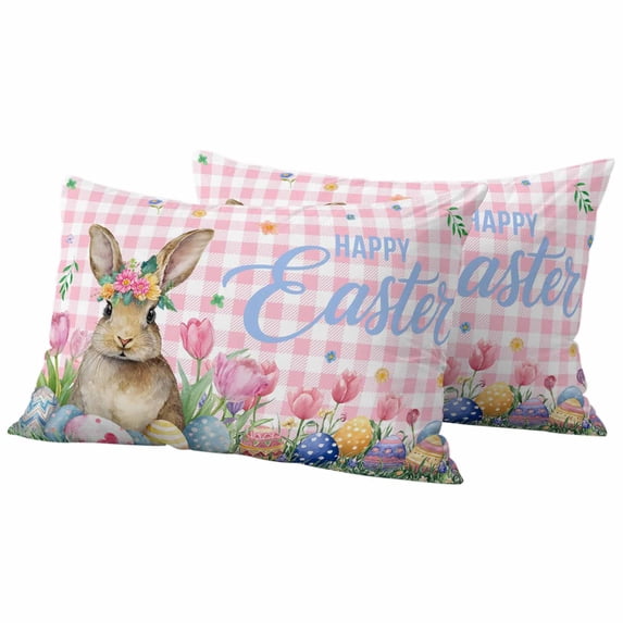 Happy Easter Pillow Covers 2 Pack Watercolor Rabbit Colored Eggs Flowers Pink Plaid Pillowcase Waterproof Outdoor Throw Pillow Cover for Patio Balcony Rectangular Cushion 20”x12”