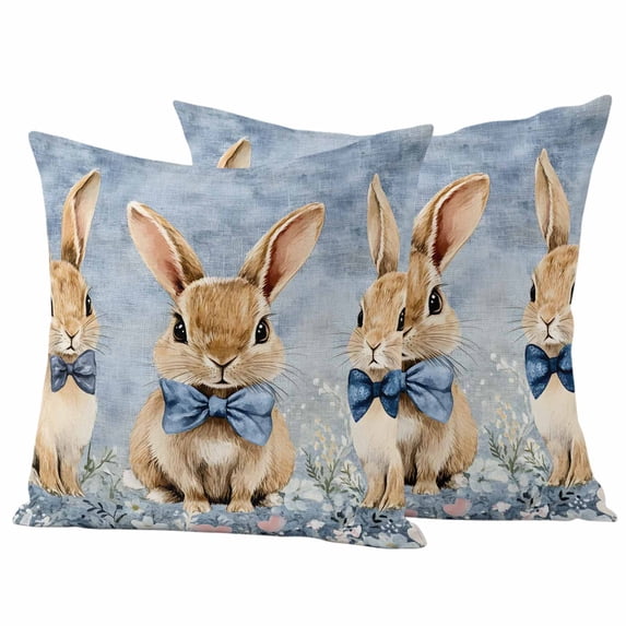 Happy Easter Pillow Covers 2 Pack Watercolor Yellow Rabbits Spring Floral Leaf Gradient Blue Pillowcase Waterproof Outdoor Throw Pillow Cover for Patio Garden Square Cushion 20”x20”