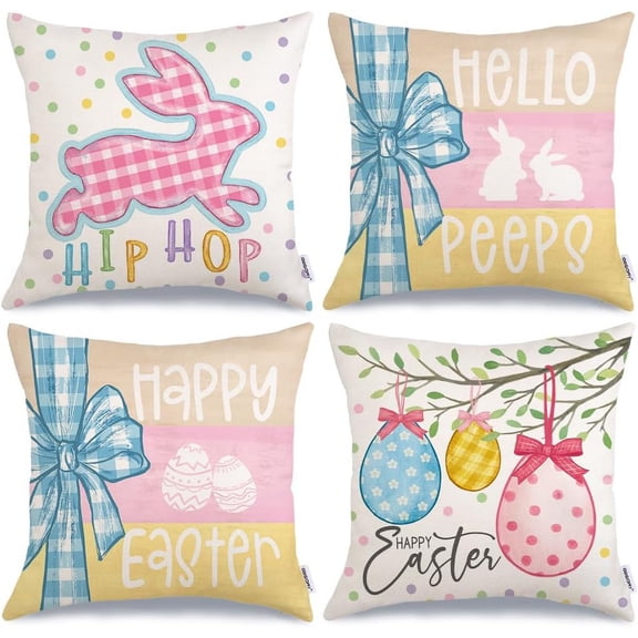 Happy Easter Pillow Covers 20x20 Inch Set of 4, Rabbits Bunny Hello Peeps Eggs Polka Dots Striped Yellow Pink Farmhouse Decorative Throw Pillowcases for Home Sofa Couch Decoration G480-20