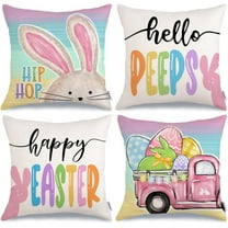 Happy Easter Pillow Covers 20x20 Inch Set of 4, Rabbits Bunny Hello Peeps Eggs Truck Striped Hip Hop Farmhouse Decorative Throw Pillowcases for Home Sofa Couch Decoration G482-20