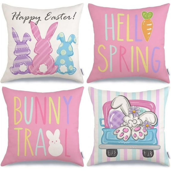 Happy Easter Pillow Covers 20x20 Inch Set of 4, Rabbits Hello Spring Bunny Trail Striped Truck Egg Farmhouse Decorative Throw Pillowcases for Home Sofa Couch Decoration (Pink) G481-20