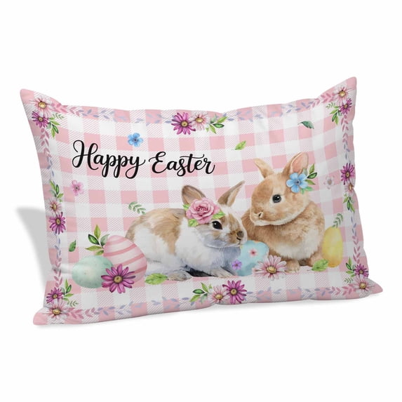 Happy Easter Pillow Covers 24"x36", Cute Rabbits Daisy Flowers Leaves Eggs Pink Plaid Soft Brushed Microfiber Breathable Throw Pillow Covers, Decorative Pillowcase with Zipper for Couch Sofa Bedroom