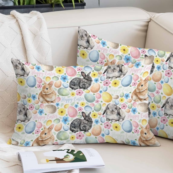Happy Easter Pillow Covers 24"x36", Spring Watercolor Rabbits Eggs Flower Soft Brushed Microfiber Breathable Throw Pillow Covers, Pillowcase with Zipper for Couch Sofa Bedroom Living Room