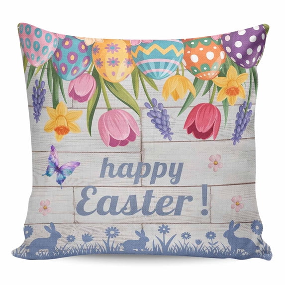 Happy Easter Pillow Covers 26x26 Inch Decorative Throw Pillow Cover, Colorful Eggs Spring Tulips Flowers Farm Wooden Sofa Pillowcases Accent Cushion Case Home Decor Bedroom Living Room