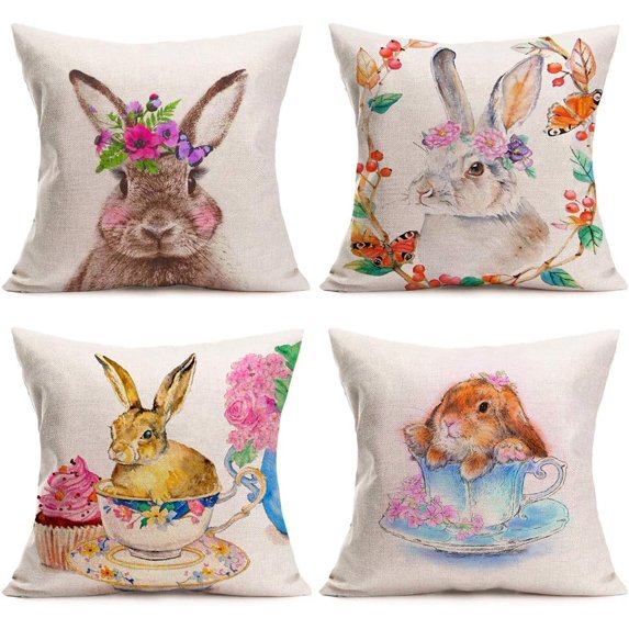 Happy Easter Pillow Covers Colored Bunny Rabbit with Butterfly Beautiful Flower Spring Home Decor Throw Pillow Case Set of 4 Lovely Animals Cushion Cover Square 18x18 Inch (Colored Bunny)