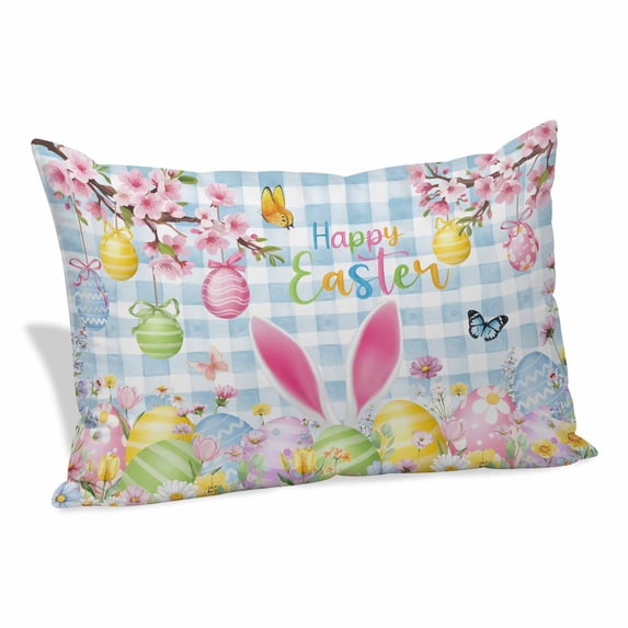 Happy Easter Pillow Covers, Linen Long Throw Pillow Case, Spring Watercolor Bunny Eggs Flower Blue Plaid Holiday Pillow Protector Decorative Cushion Cover for Living Room/Bedroom 12" x 20"