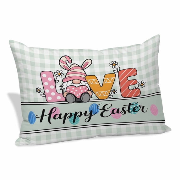 Happy Easter Pillow Covers, Linen Long Throw Pillow Case, Watercolor Gnomes Rabbits Eggs Love Green Plaid Holiday Pillow Protector Decorative Cushion Cover for Living Room/Bedroom 20" x 36"