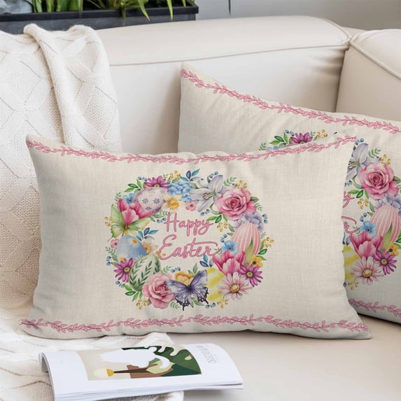 Happy Easter Pillow Covers Queen, Spring Flower Pastoral Butterfly Retro Beige Soft Brushed Microfiber Breathable Throw Pillow Covers, Pillowcase with Zipper for Couch Sofa Bedroom 20"x30"