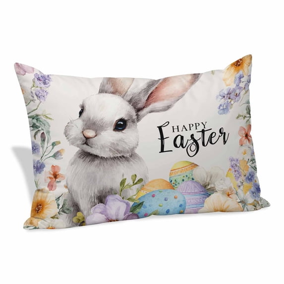 Happy Easter Pillow Protectors with Zipper Standard Size, Spring Grey Bunny Colorful Eggs Flower Beige Soft Brushed Microfiber Breathable Throw Pillow Covers, Pillowcase for Couch Sofa 20"x26"