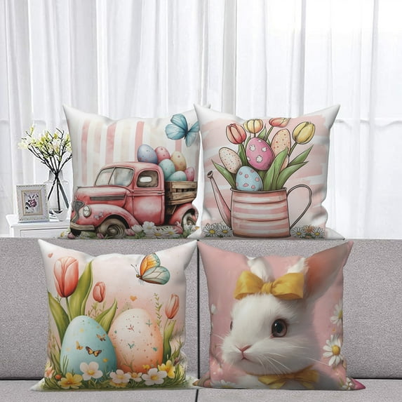 Happy Easter Pink Throw Pillow Covers 18x18 Set of 4,Cute Bunny Rabbit Eggs Decorative Pillow Cases for Bedroom Sofa Couch