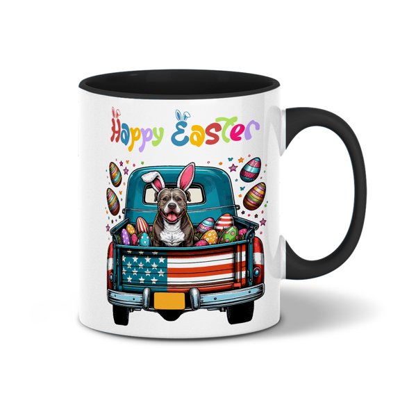 Happy Easter Pitbull American Flag Truck 11oz Accent Two-tone Mug Terrier Dog Lover Coffee Tea Cup - 03001