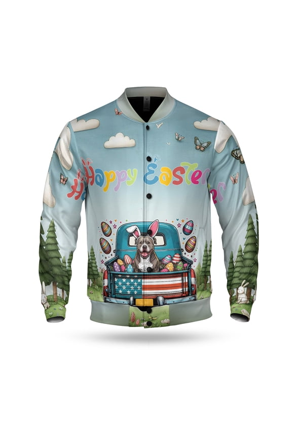 Happy Easter Pitbull American Flag Truck All Over Print 3D Baseball Jacket Terrier Dog Lover Bomber Jacket Softball - 03001