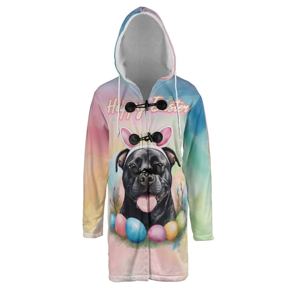 Happy Easter Pitbull with Bunny Ear Headband and Flowers All Over Print 3D Hooded Duffle Toggle Coat Terrier Dog Lover - 13001