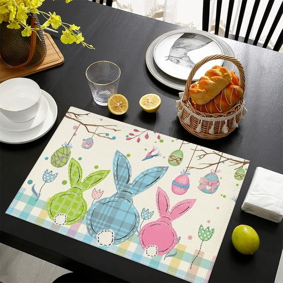 Happy Easter Placemats - 17.7 x 11.8 Inches Buffalo Plaid Bunny Farmhouse Table Mats - Ideal for Party, Home, Kitchen, Dining Decoration Indoor