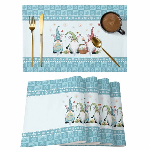 Happy Easter Placemats Set of 1, Cute Gnomes with Easter Egg Spring Floral Blue Flowers Bunny Border Non-Slip Place Mats Washable Table Mats for Kitchen Dining Table Decorations Indoor/Outdoor