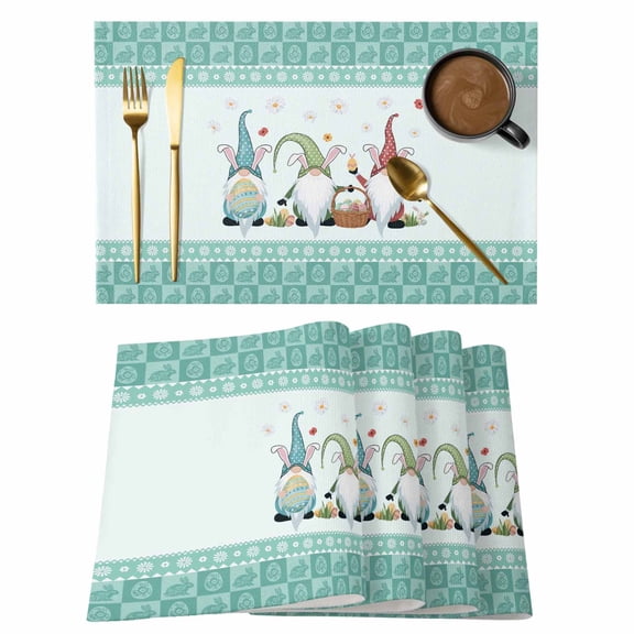 Happy Easter Placemats Set of 1, Cute Gnomes Easter Egg Spring Floral Green Flowers Bunny Border Non-Slip Place Mats Washable Table Mats for Kitchen Dining Table Decorations Indoor/Outdoor
