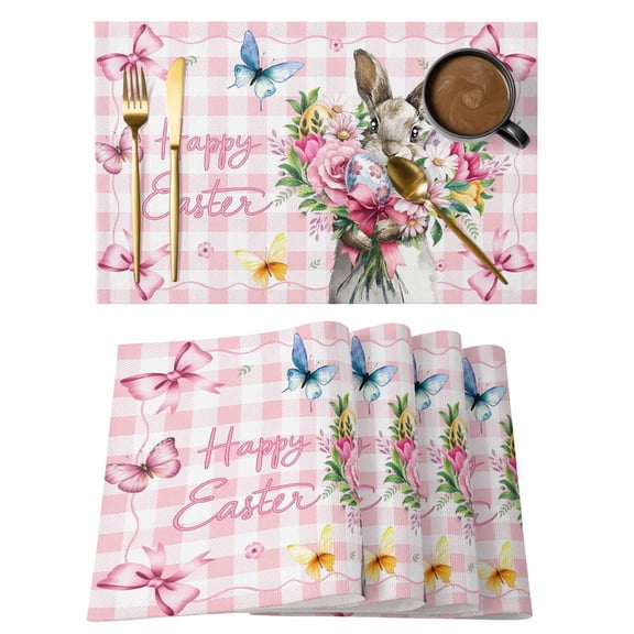 Happy Easter Placemats Set of 1, Cute Rabbit Floral Bouquet Eggs Pink Bow Plaid Non-Slip Place Mats Washable Table Mats for Kitchen Dining Table Decorations Indoor/Outdoor