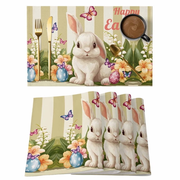 Happy Easter Placemats Set of 1, Watercolor Rabbit Eggs Flowers Leaf Yellow Stripes Non-Slip Place Mats Washable Table Mats for Kitchen Dining Table Decorations Indoor/Outdoor