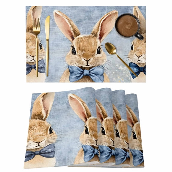 Happy Easter Placemats Set of 1, Watercolor Yellow Rabbits Spring Floral Leaf Gradient Blue Non-Slip Place Mats Washable Table Mats for Kitchen Dining Table Decorations Indoor/Outdoor