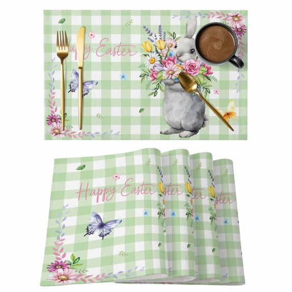 Happy Easter Placemats Set of 12, Cute Bunny Spring Flowers Butterfly Green Plaid Placemats for Dining Table, Place Mats for Kitchen Tabletop, Waterproof Wipeable Dining Table Mats Set