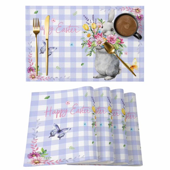 Happy Easter Placemats Set of 12, Cute Bunny Spring Flowers Butterfly Purple Plaid Placemats for Dining Table, Place Mats for Kitchen Tabletop, Waterproof Wipeable Dining Table Mats Set