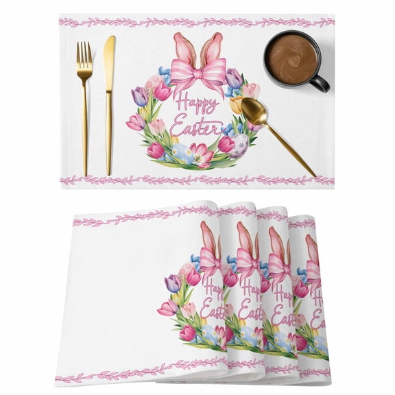 Happy Easter Placemats Set of 12, Eggs Tulips Wreath Bow Rabbit Ears Pink Leaf Non-Slip Place Mats Washable Table Mats for Kitchen Dining Table Decorations Indoor/Outdoor