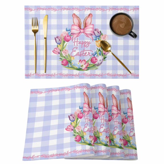 Happy Easter Placemats Set of 12, Rabbits Bows Spring Tulips Eggs Purple Plaid Placemats for Dining Table, Place Mats for Kitchen Tabletop, Waterproof Wipeable Dining Table Mats Set