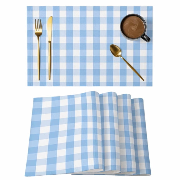 Happy Easter Placemats Set of 12, Simple Abstract Blue White Buffalo Plaid Non-Slip Place Mats Washable Table Mats for Kitchen Dining Table Decorations Indoor/Outdoor
