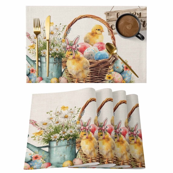 Happy Easter Placemats Set of 12, Spring Basket Eggs Chicken Kettle Floral Linen Texture Non-Slip Place Mats Washable Table Mats for Kitchen Dining Table Decorations Indoor/Outdoor