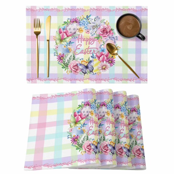 Happy Easter Placemats Set of 12, Spring Flower Pastoral Butterfly Colorful Stripes Placemats for Dining Table, Place Mats for Kitchen Tabletop, Waterproof Wipeable Dining Table Mats Set