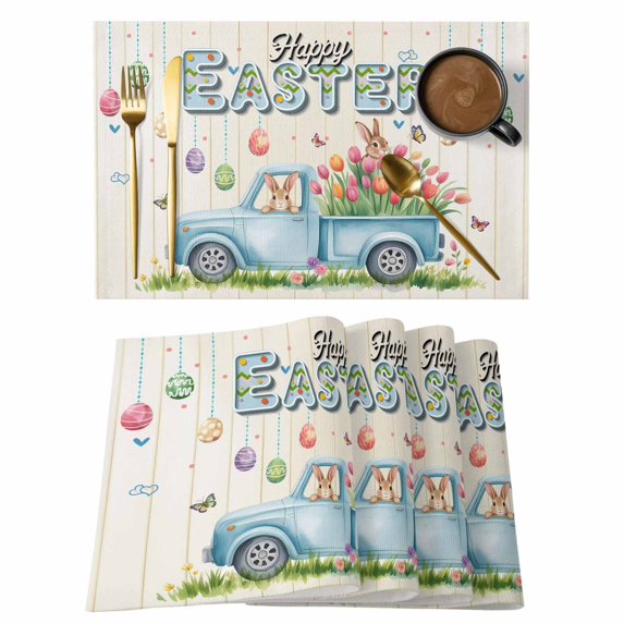 Happy Easter Placemats Set of 12, Watercolor Floral Truck Eggs Rabbits Spring Beige Placemats for Dining Table, Place Mats for Kitchen Tabletop, Waterproof Wipeable Dining Table Mats Set